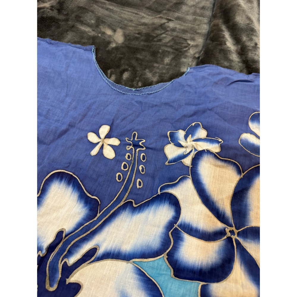 Vintage Style Hibiscus Floral Caftan Tunic Blue Turquoise Beach Cover Up OS